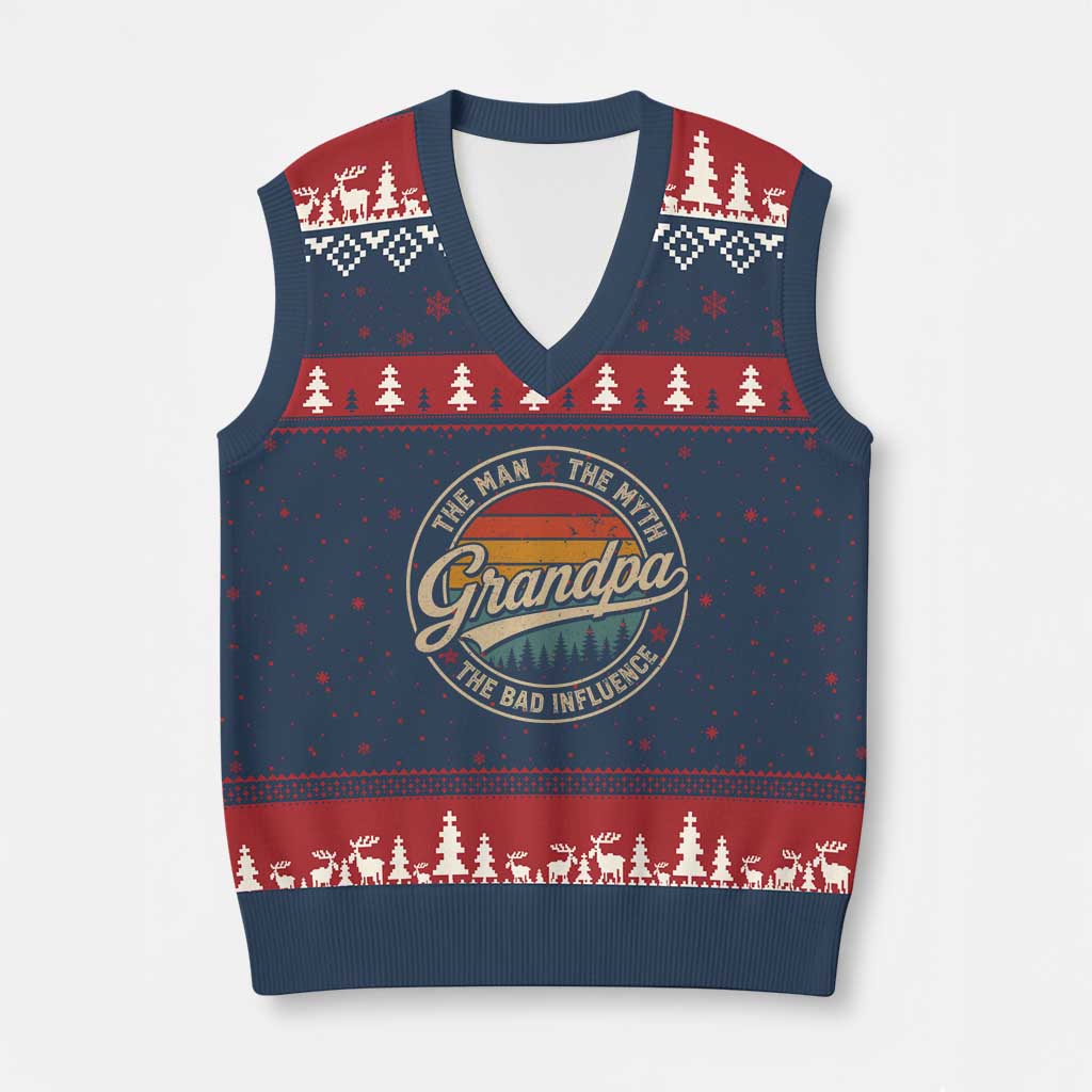 Grandpa The Man The Myth The Bad Influence V-Neck Knit Sweater Vest Retro Forest Father's Day