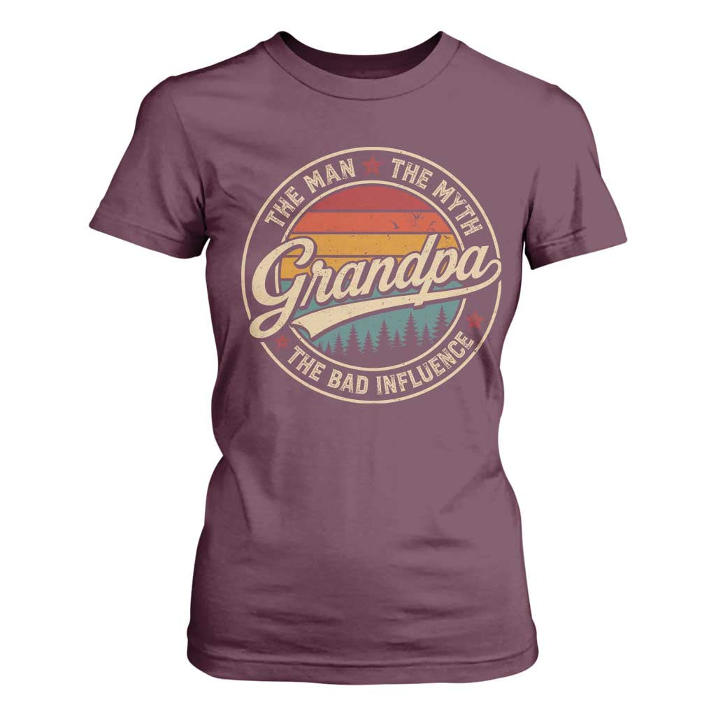 Grandpa The Man The Myth The Bad Influence T Shirt For Women Retro Forest Father's Day