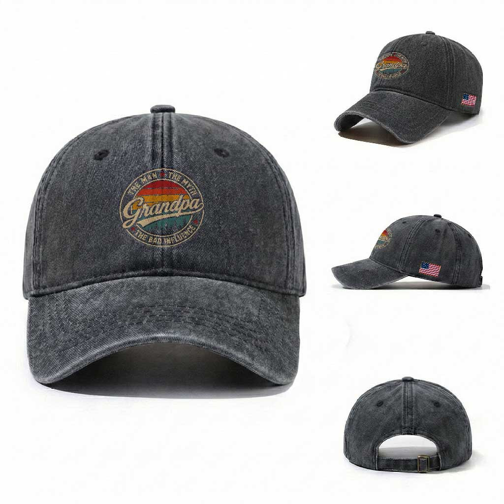 Grandpa The Man The Myth The Bad Influence Washed Cotton Baseball Cap Retro Forest Father's Day