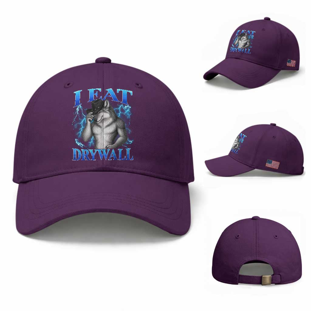 I Eat Drywall Funny Alpha Wolf Baseball Cap Stupid Brainrot Meme Edging Werewolf Boootleg Graphic