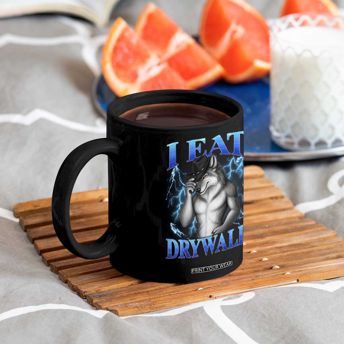 I Eat Drywall Funny Alpha Wolf Coffee Mug Stupid Brainrot Meme Edging Werewolf Boootleg Graphic