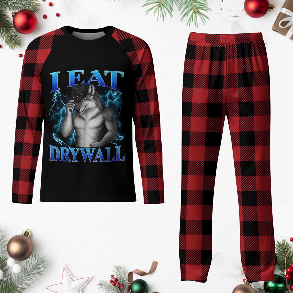I Eat Drywall Funny Alpha Wolf Plaid Pajama Set Stupid Brainrot Meme Edging Werewolf Boootleg Graphic TS11 Buffalo Plaid Print Your Wear