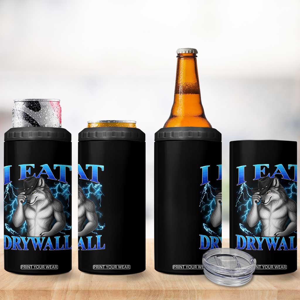 I Eat Drywall Funny Alpha Wolf 4 in 1 Can Cooler Tumbler Stupid Brainrot Meme Edging Werewolf Boootleg Graphic