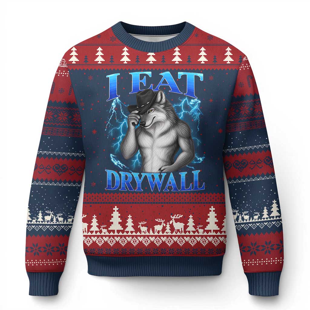 I Eat Drywall Funny Alpha Wolf Ugly Christmas Sweater Stupid Brainrot Meme Edging Werewolf Boootleg Graphic