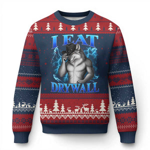I Eat Drywall Funny Alpha Wolf Ugly Christmas Sweater Stupid Brainrot Meme Edging Werewolf Boootleg Graphic