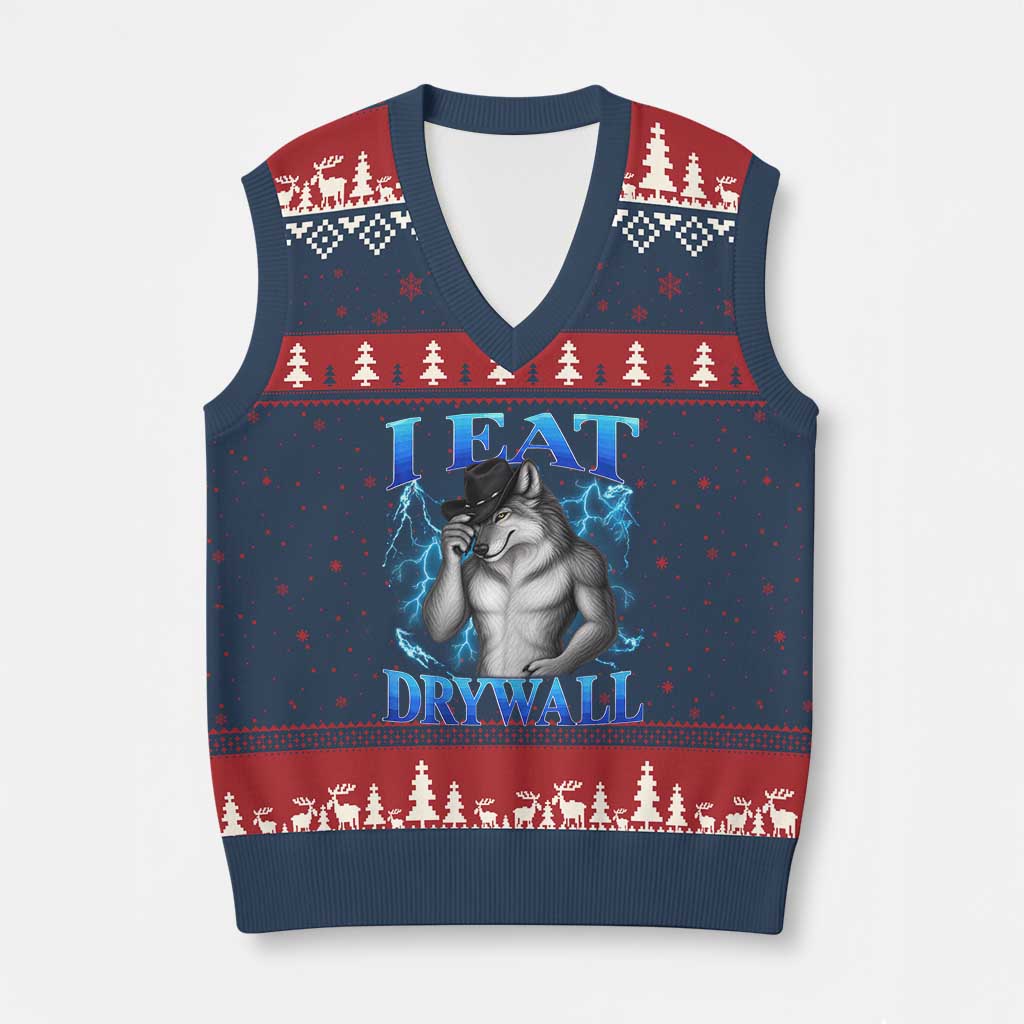 I Eat Drywall Funny Alpha Wolf V-Neck Knit Sweater Vest Stupid Brainrot Meme Edging Werewolf Boootleg Graphic TS11 Navy Red Print Your Wear
