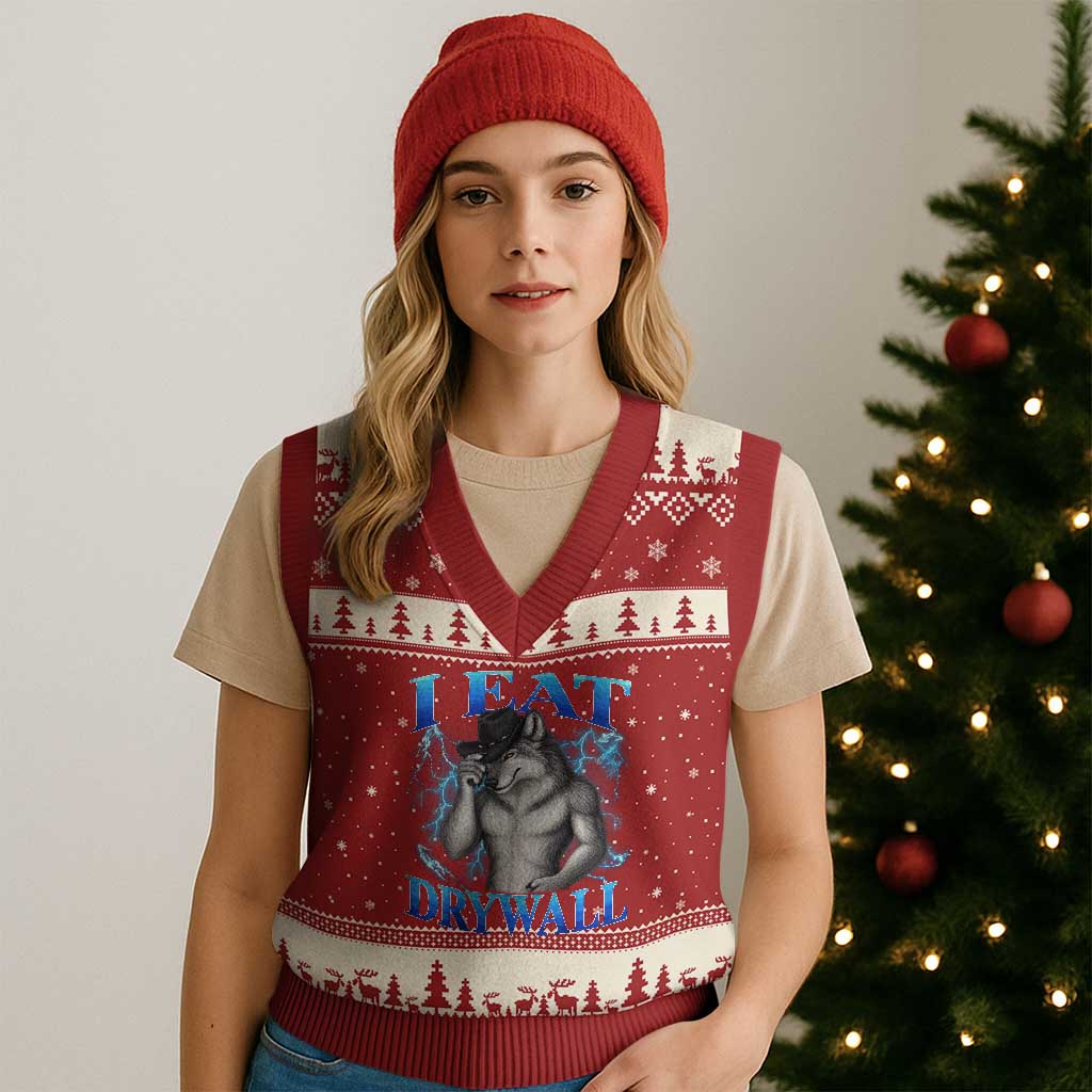 I Eat Drywall Funny Alpha Wolf V-Neck Knit Sweater Vest Stupid Brainrot Meme Edging Werewolf Boootleg Graphic