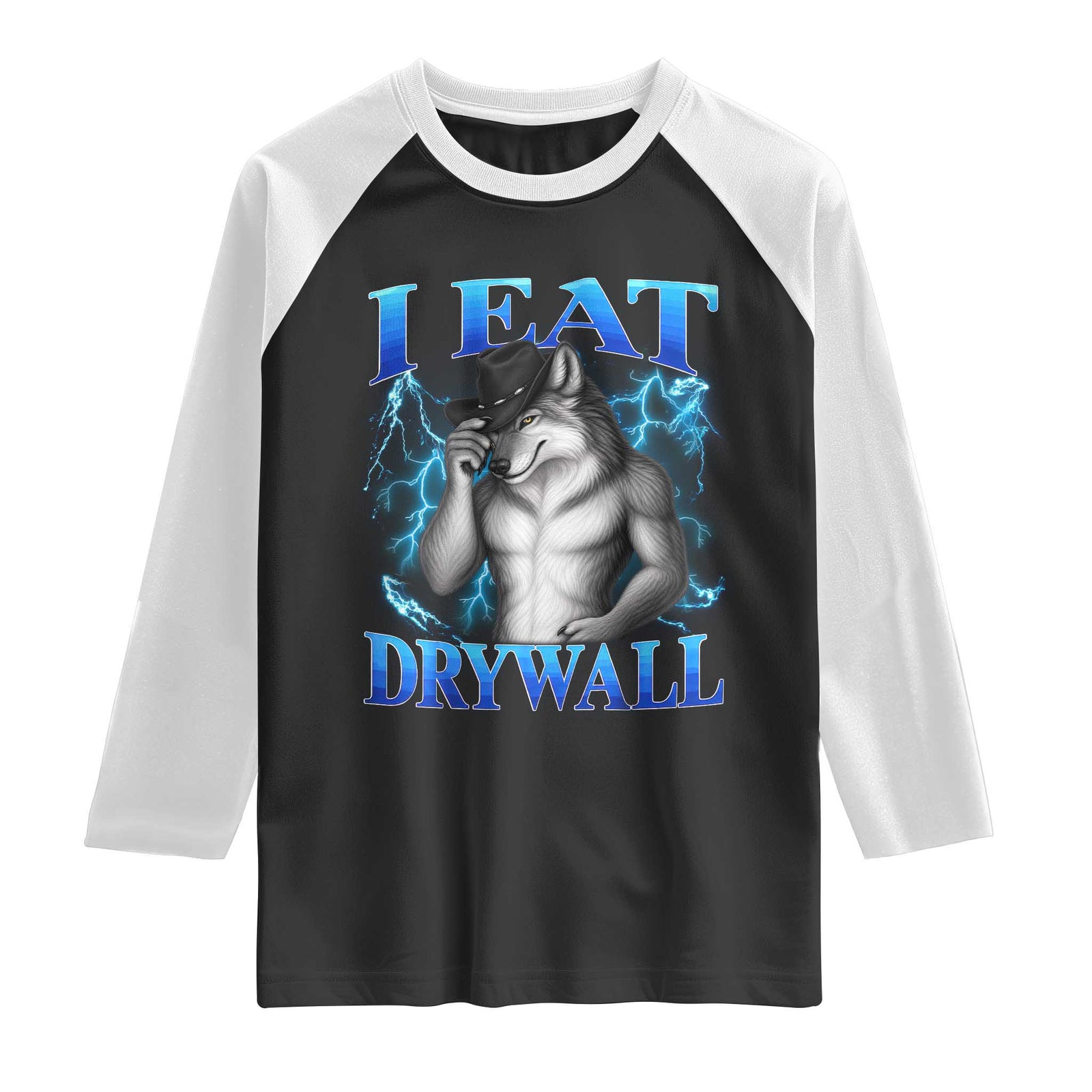 I Eat Drywall Funny Alpha Wolf Raglan Shirt Stupid Brainrot Meme Edging Werewolf Boootleg Graphic TS11 Black White Print Your Wear