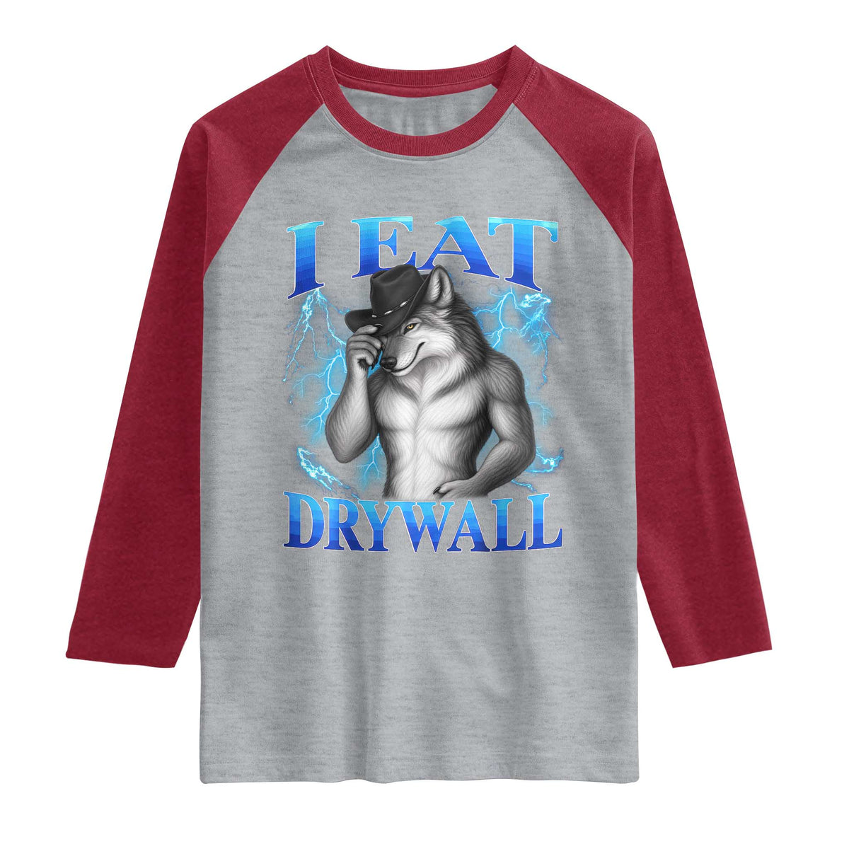 I Eat Drywall Funny Alpha Wolf Raglan Shirt Stupid Brainrot Meme Edging Werewolf Boootleg Graphic