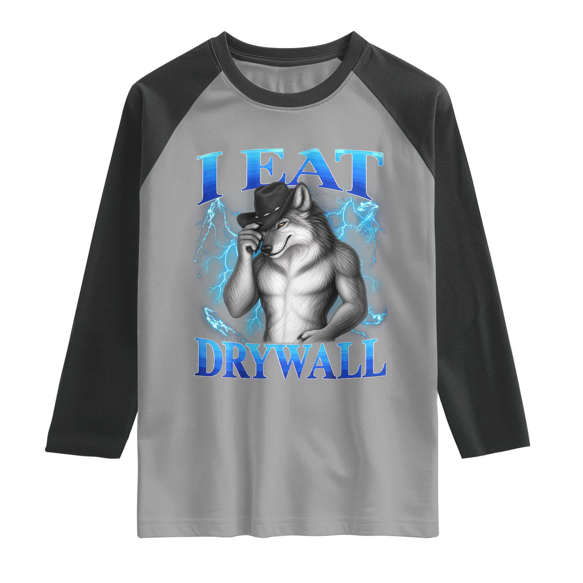 I Eat Drywall Funny Alpha Wolf Raglan Shirt Stupid Brainrot Meme Edging Werewolf Boootleg Graphic