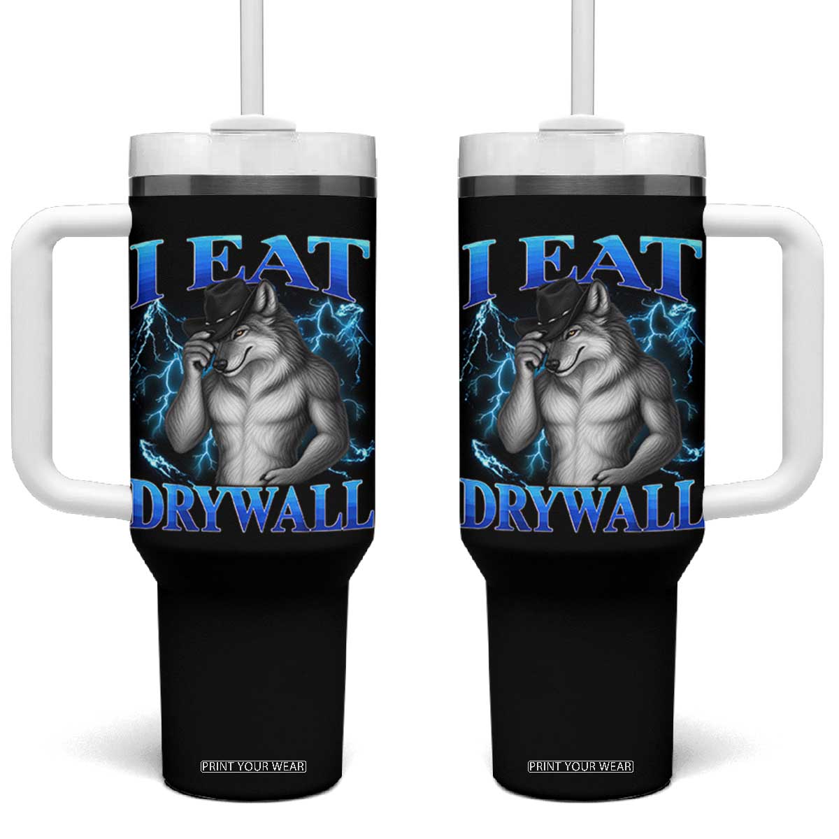 I Eat Drywall Funny Alpha Wolf Tumbler With Handle Stupid Brainrot Meme Edging Werewolf Boootleg Graphic TS11 One Size: 40 oz Black Print Your Wear