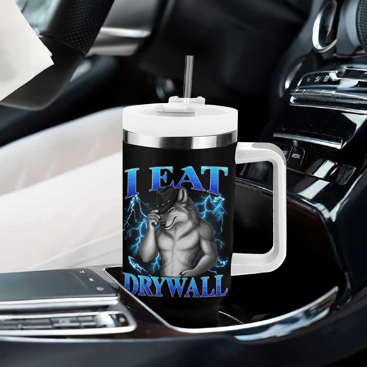 I Eat Drywall Funny Alpha Wolf Tumbler With Handle Stupid Brainrot Meme Edging Werewolf Boootleg Graphic