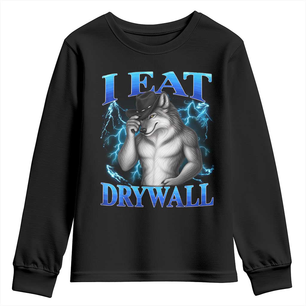 I Eat Drywall Funny Alpha Wolf Youth Sweatshirt Stupid Brainrot Meme Edging Werewolf Boootleg Graphic TS11 Black Print Your Wear