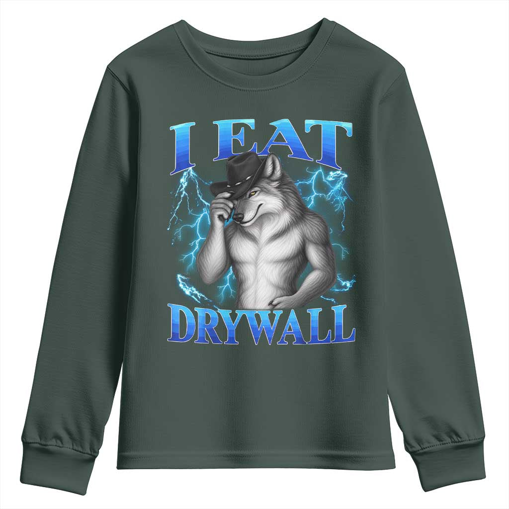 I Eat Drywall Funny Alpha Wolf Youth Sweatshirt Stupid Brainrot Meme Edging Werewolf Boootleg Graphic