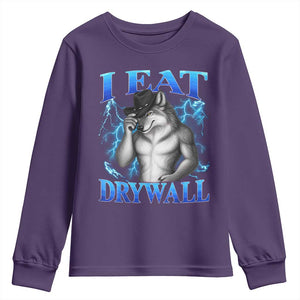 I Eat Drywall Funny Alpha Wolf Youth Sweatshirt Stupid Brainrot Meme Edging Werewolf Boootleg Graphic