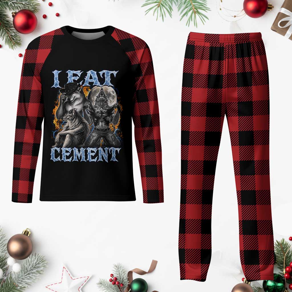I Eat Cement Funny Alpha Wolf Meme Plaid Pajama Set Stupid Brainrot Meme Edging Werewolf Boootleg Graphic TS11 Buffalo Plaid Print Your Wear