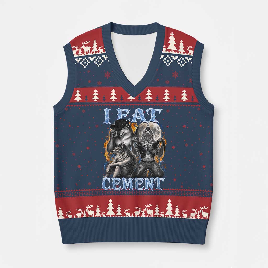 I Eat Cement Funny Alpha Wolf Meme V-Neck Knit Sweater Vest Stupid Brainrot Meme Edging Werewolf Boootleg Graphic TS11 Navy Red Print Your Wear