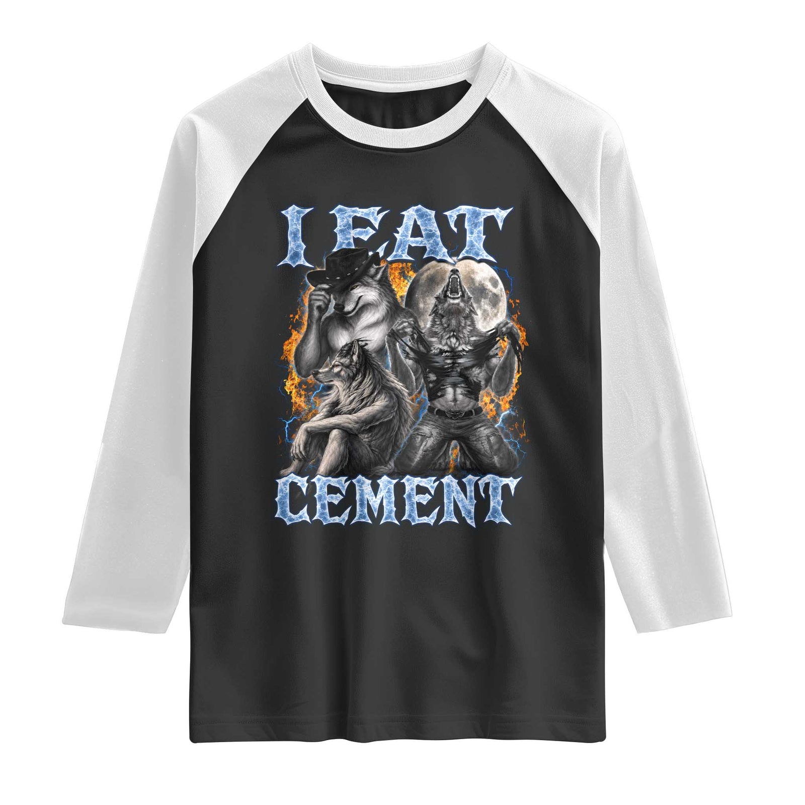 I Eat Cement Funny Alpha Wolf Meme Raglan Shirt Stupid Brainrot Meme Edging Werewolf Boootleg Graphic TS11 Black White Print Your Wear