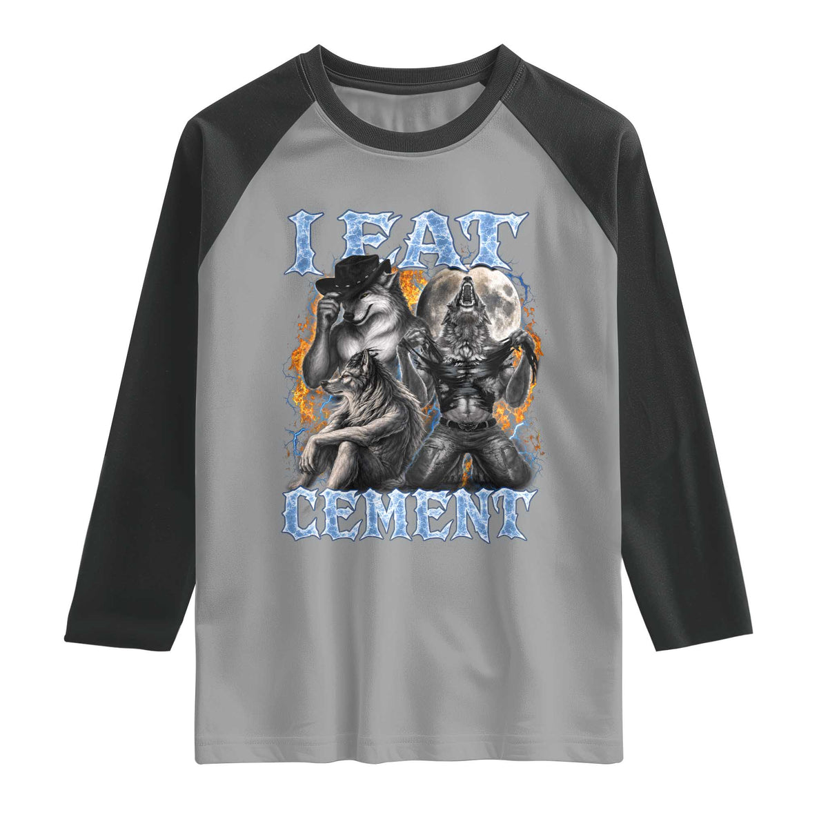 I Eat Cement Funny Alpha Wolf Meme Raglan Shirt Stupid Brainrot Meme Edging Werewolf Boootleg Graphic
