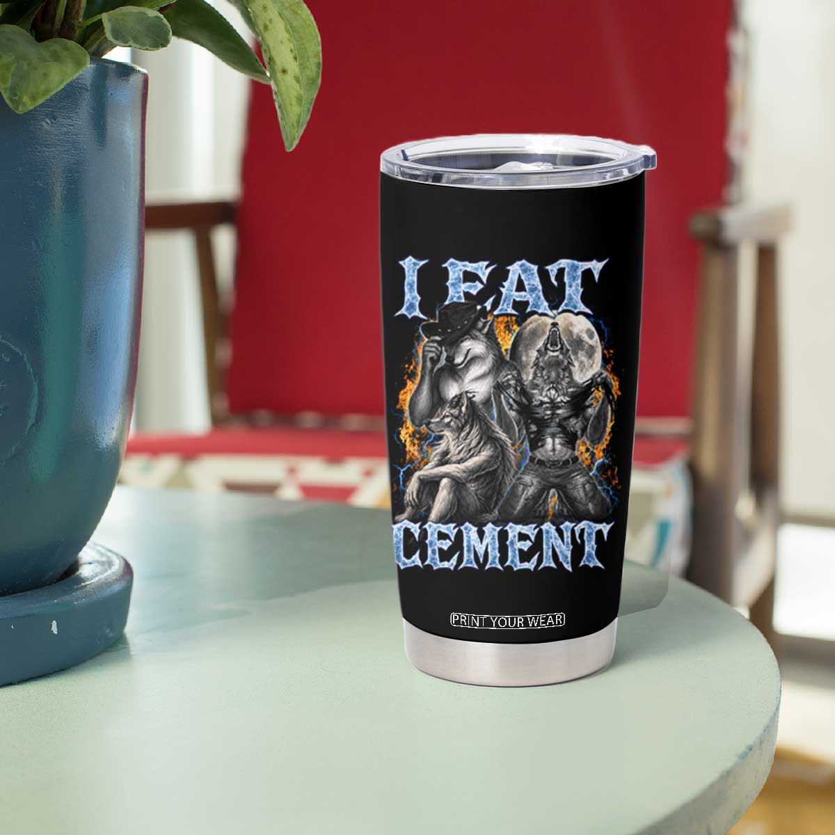 I Eat Cement Funny Alpha Wolf Meme Tumbler Cup Stupid Brainrot Meme Edging Werewolf Boootleg Graphic