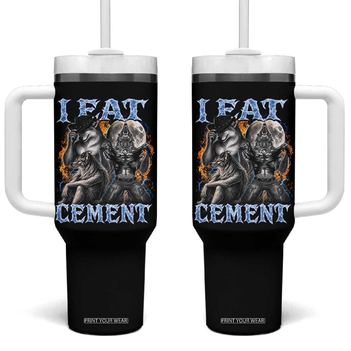 I Eat Cement Funny Alpha Wolf Meme Tumbler With Handle Stupid Brainrot Meme Edging Werewolf Boootleg Graphic