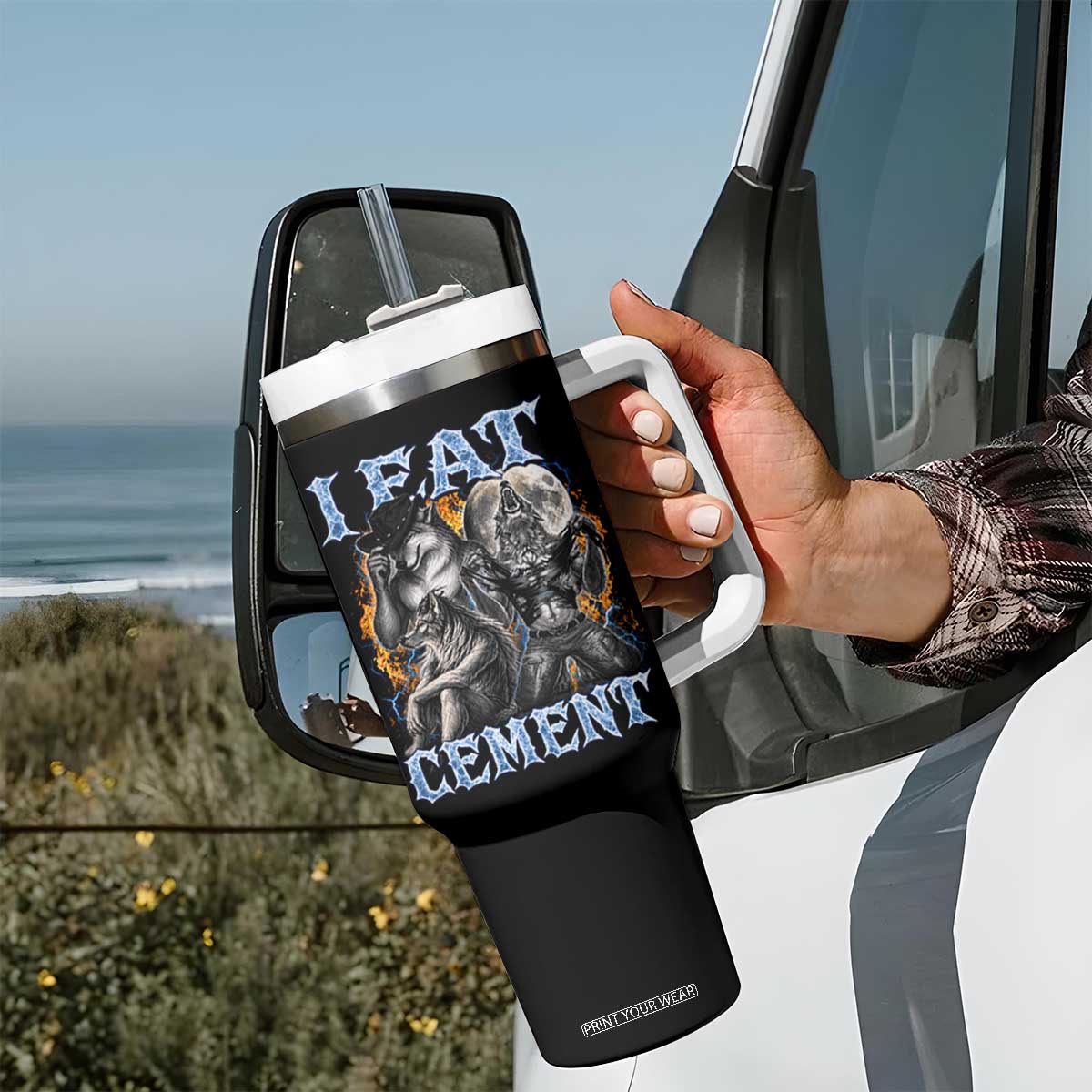 I Eat Cement Funny Alpha Wolf Meme Tumbler With Handle Stupid Brainrot Meme Edging Werewolf Boootleg Graphic