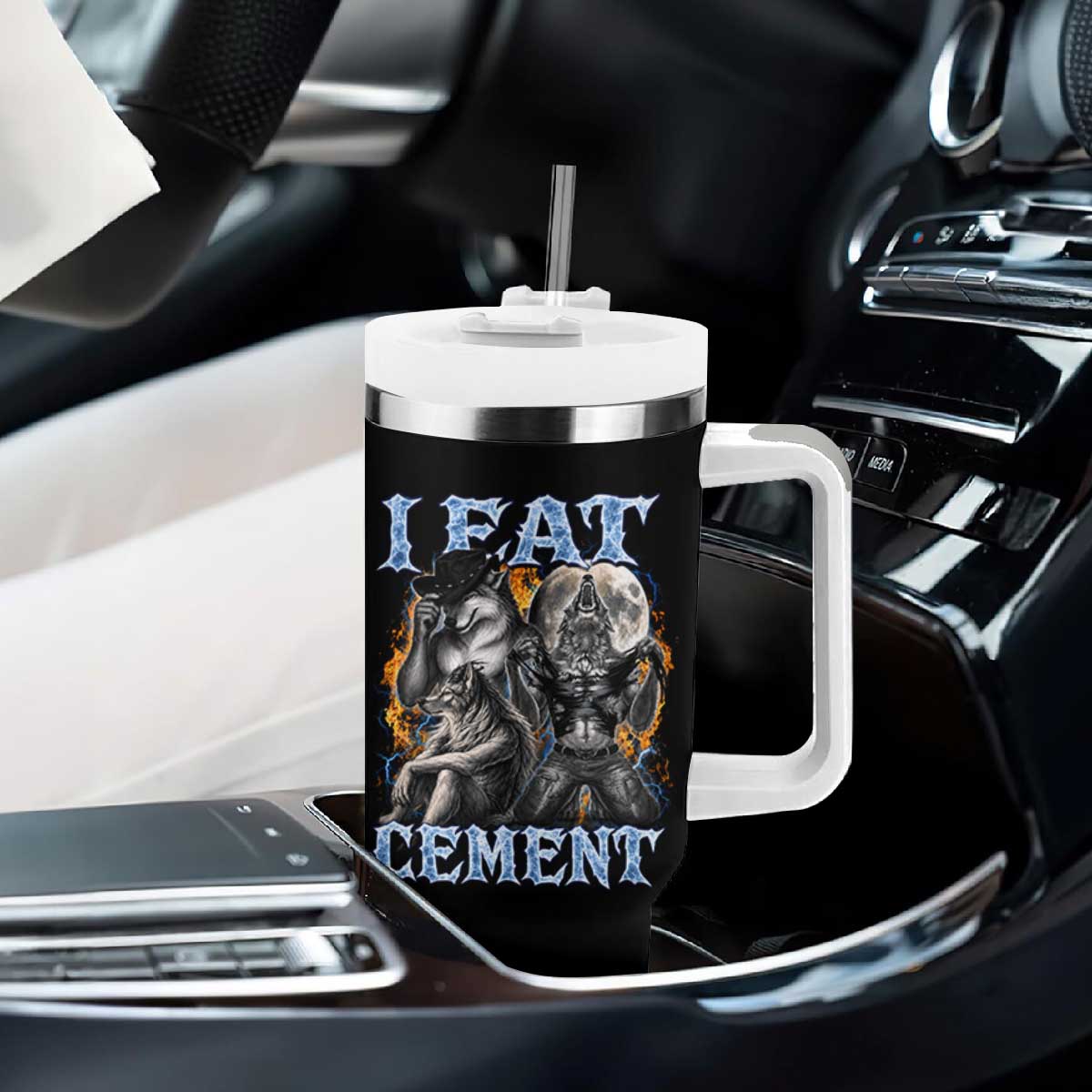 I Eat Cement Funny Alpha Wolf Meme Tumbler With Handle Stupid Brainrot Meme Edging Werewolf Boootleg Graphic