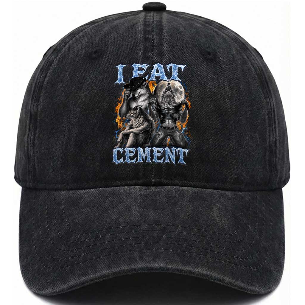 I Eat Cement Funny Alpha Wolf Meme Washed Cotton Baseball Cap Stupid Brainrot Meme Edging Werewolf Boootleg Graphic TS11 Print Your Wear