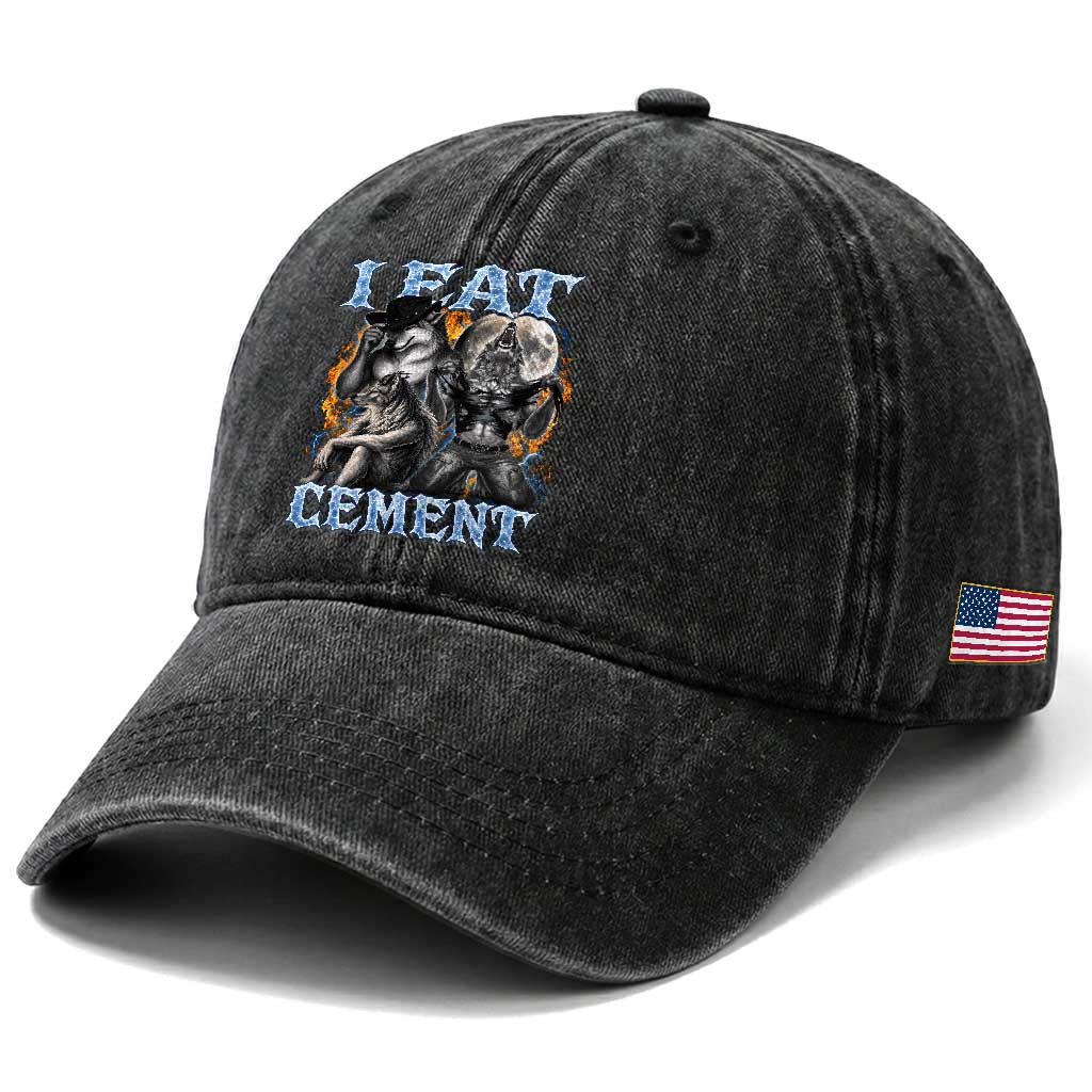 I Eat Cement Funny Alpha Wolf Meme Washed Cotton Baseball Cap Stupid Brainrot Meme Edging Werewolf Boootleg Graphic