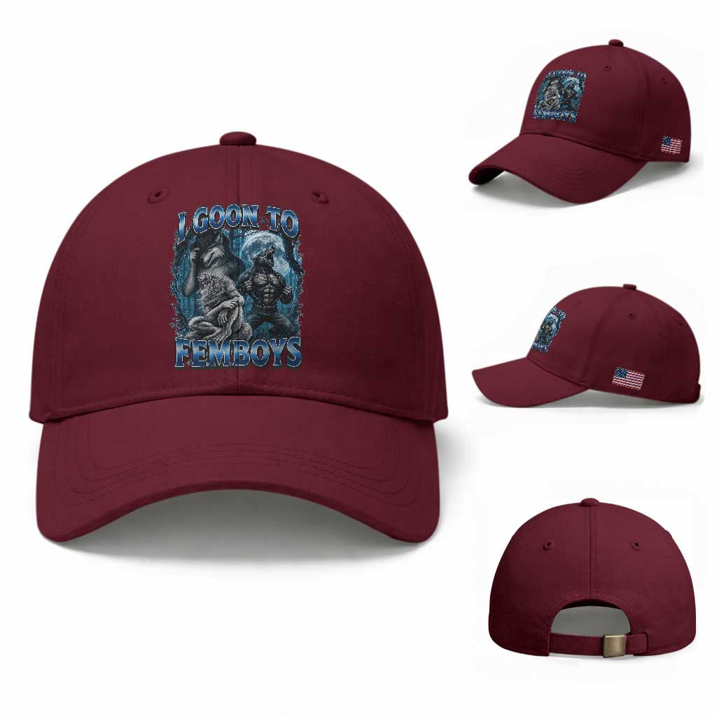 I Goon to Femboys Funny Edging Alpha Wolf Baseball Cap Stupid Brainrot Meme