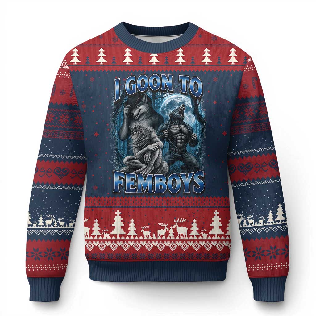 I Goon to Femboys Funny Edging Alpha Wolf Ugly Christmas Sweater Stupid Brainrot Meme TS11 Navy Red Print Your Wear