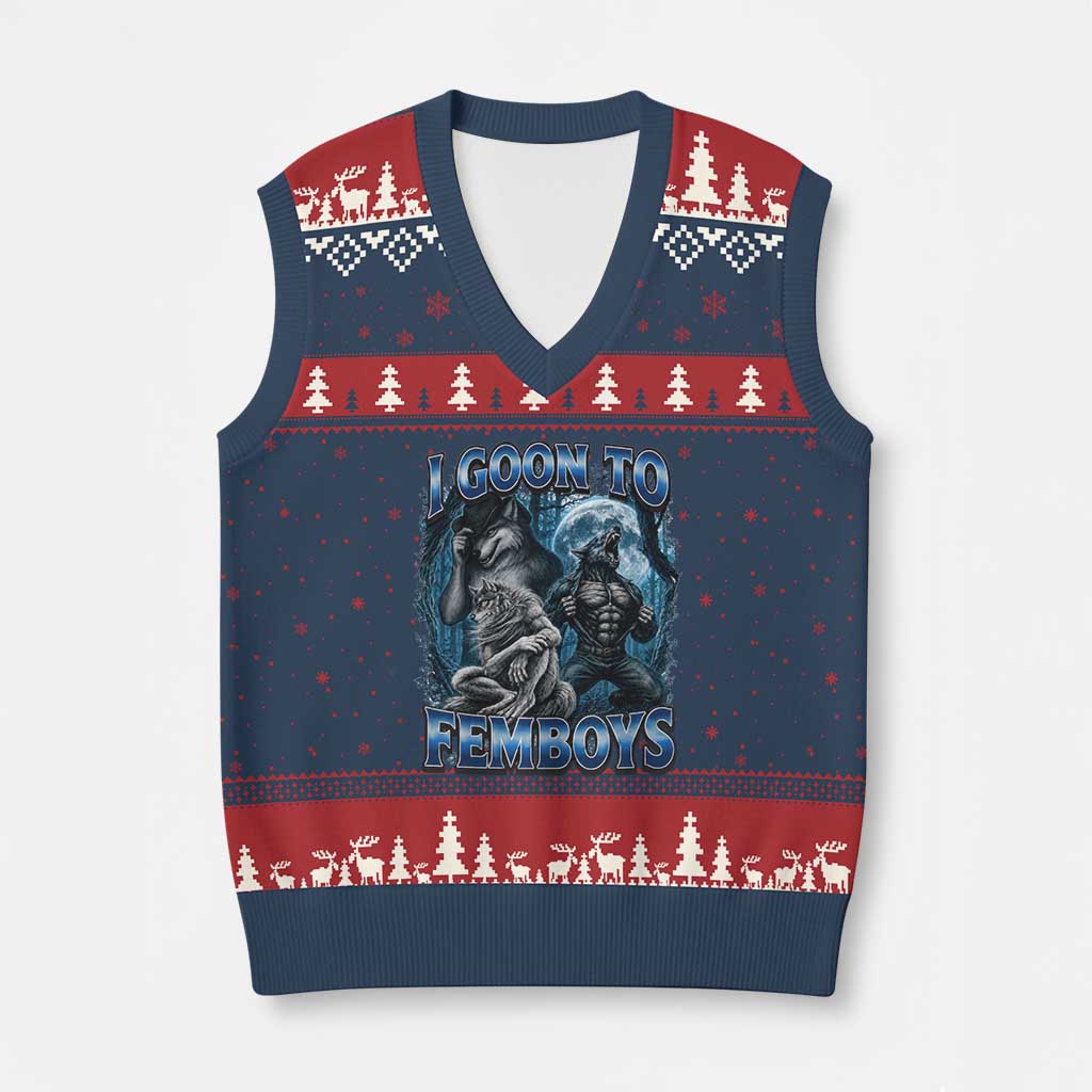 I Goon to Femboys Funny Edging Alpha Wolf V-Neck Knit Sweater Vest Stupid Brainrot Meme TS11 Navy Red Print Your Wear