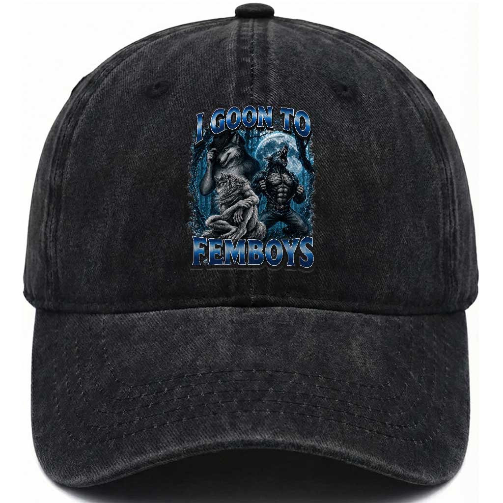 I Goon to Femboys Funny Edging Alpha Wolf Washed Cotton Baseball Cap Stupid Brainrot Meme