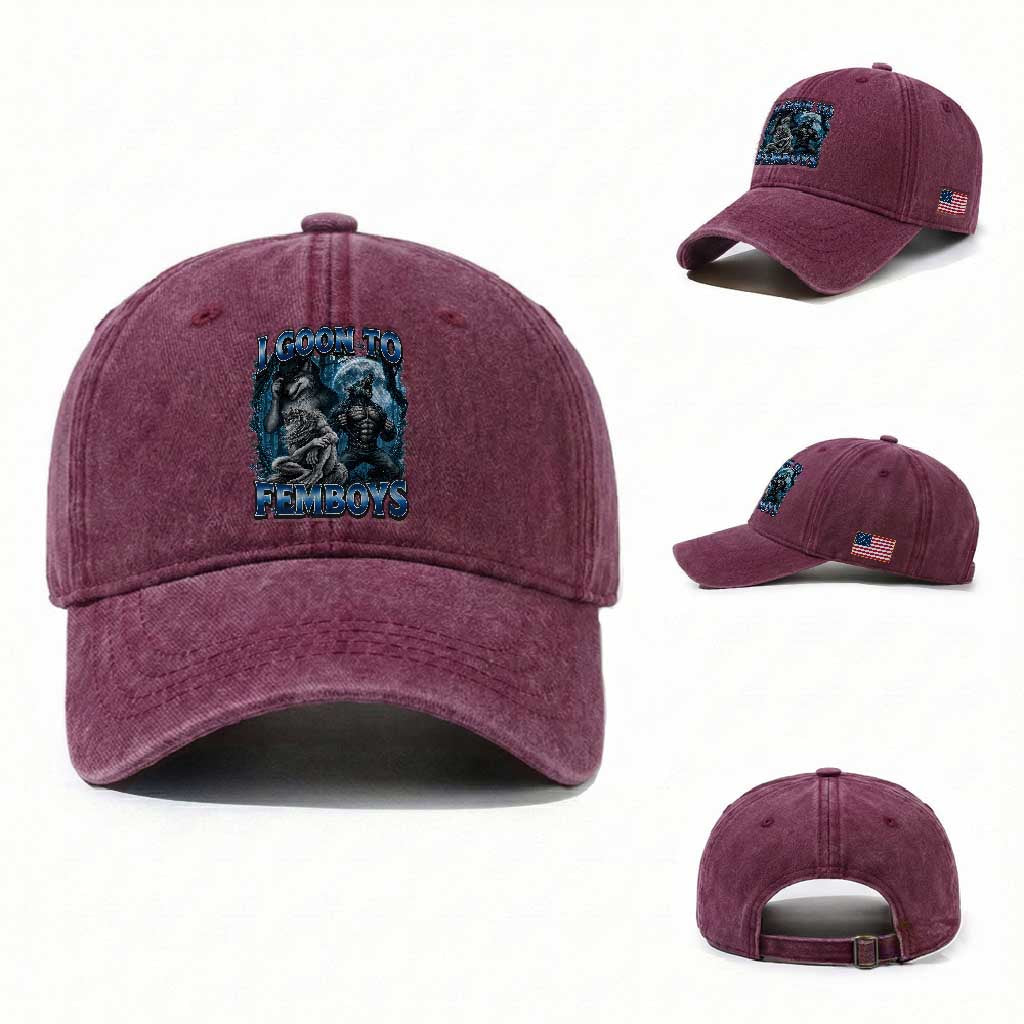 I Goon to Femboys Funny Edging Alpha Wolf Washed Cotton Baseball Cap Stupid Brainrot Meme