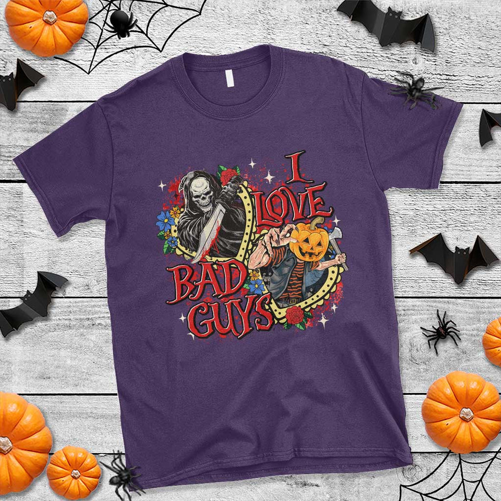 Funny Halloween T Shirt I Love Bad Guys Scary Murderer Horror Skeleton Pumpkin Heart Rose TS11 Purple Print Your Wear