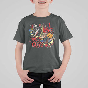 Funny Halloween T Shirt For Kid I Love Bad Guys Scary Murderer Horror Skeleton Pumpkin Heart Rose TS11 Dark Heather Print Your Wear
