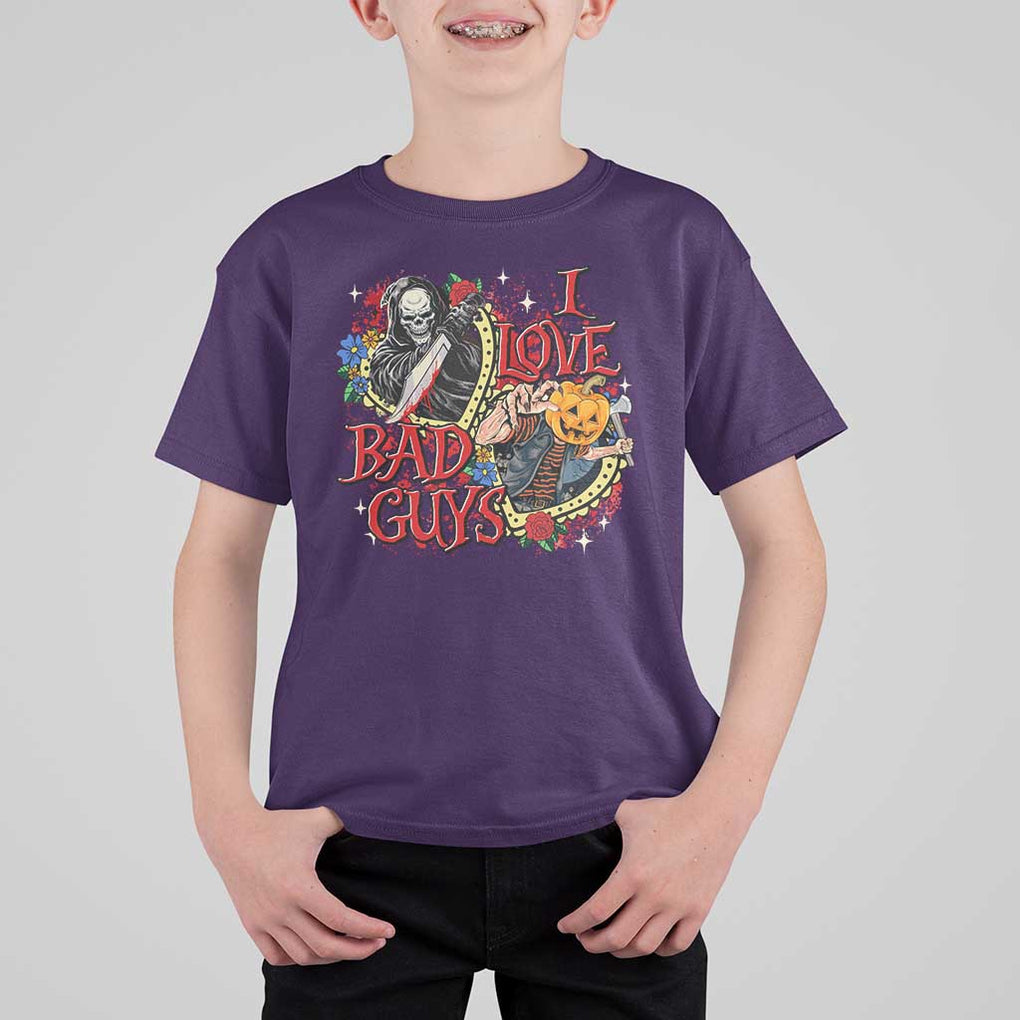 Funny Halloween T Shirt For Kid I Love Bad Guys Scary Murderer Horror Skeleton Pumpkin Heart Rose TS11 Purple Print Your Wear