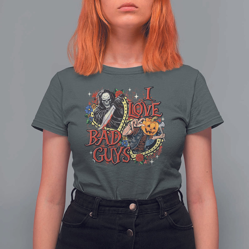 Funny Halloween T Shirt For Women I Love Bad Guys Scary Murderer Horror Skeleton Pumpkin Heart Rose TS11 Dark Heather Print Your Wear