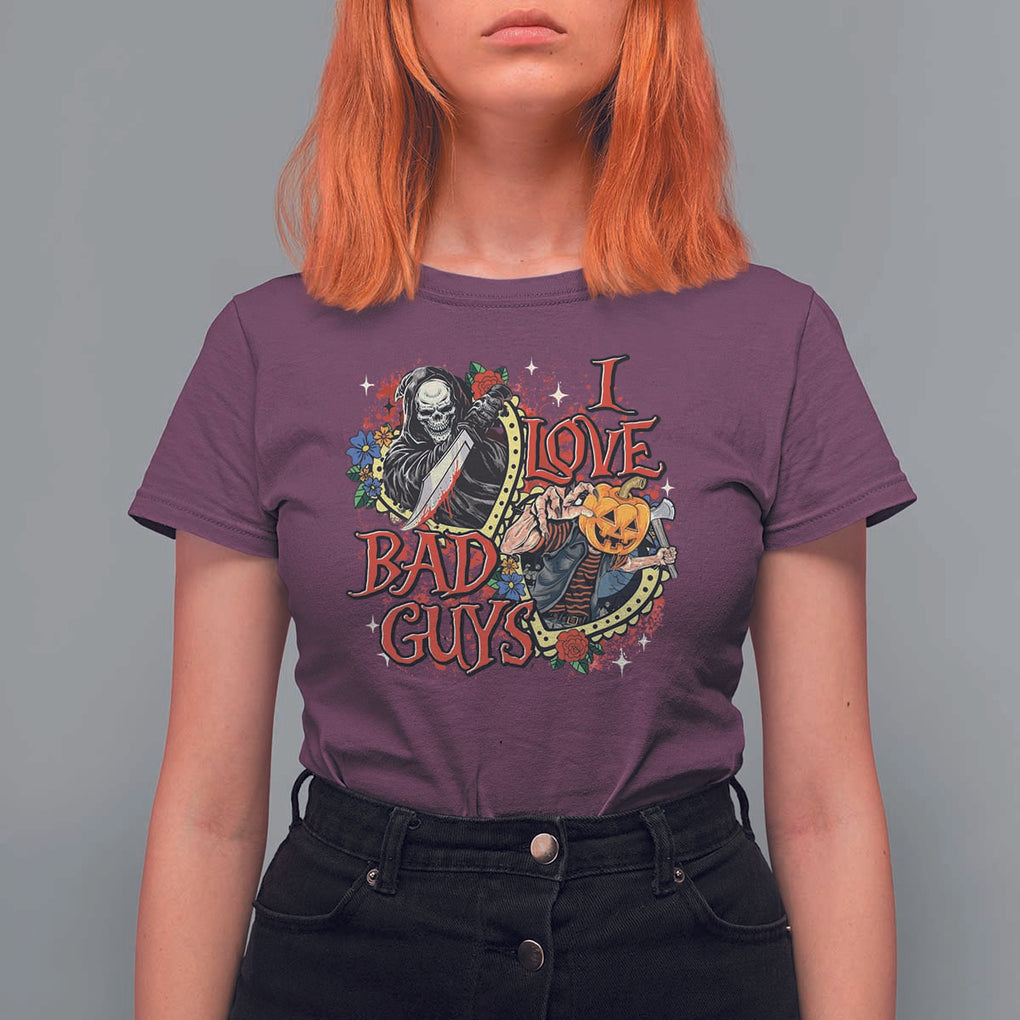 Funny Halloween T Shirt For Women I Love Bad Guys Scary Murderer Horror Skeleton Pumpkin Heart Rose TS11 Maroon Print Your Wear