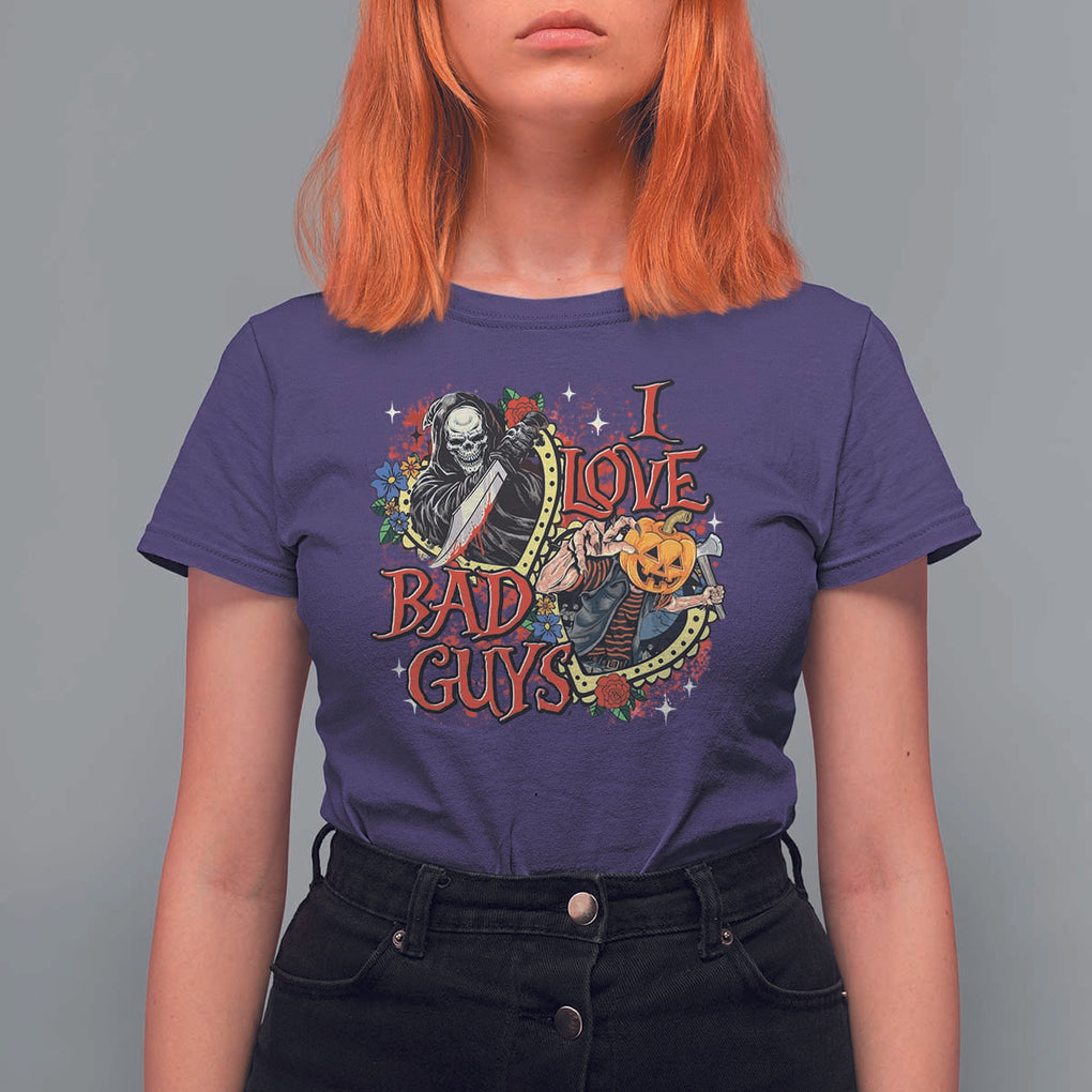 Funny Halloween T Shirt For Women I Love Bad Guys Scary Murderer Horror Skeleton Pumpkin Heart Rose TS11 Purple Print Your Wear