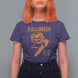 Funny Halloween T Shirt For Women A Real Man Will Chase After You Pumpkin Knife Murderer TS11 Purple Print Your Wear