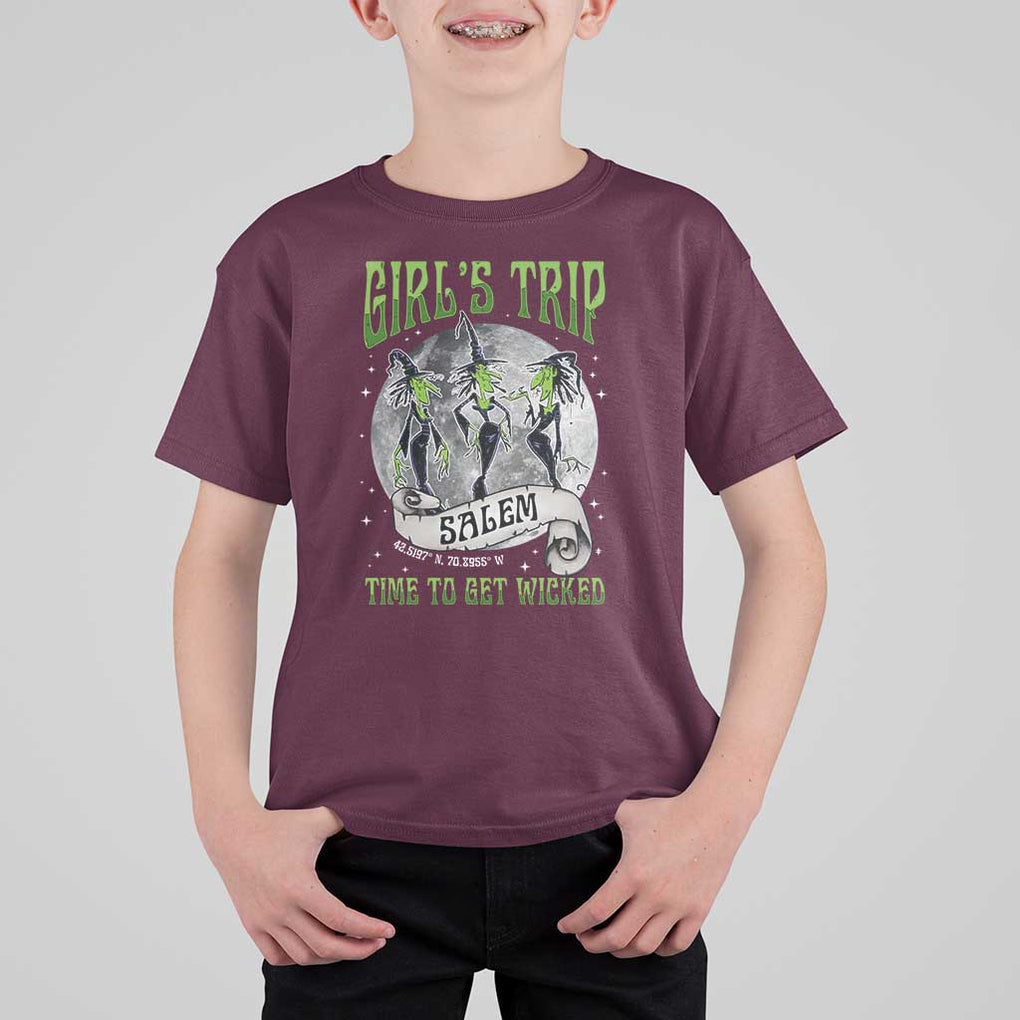 Halloween Witches T Shirt For Kid Girl's Trip Salem Time To Get Wicked Moon TS11 Maroon Print Your Wear