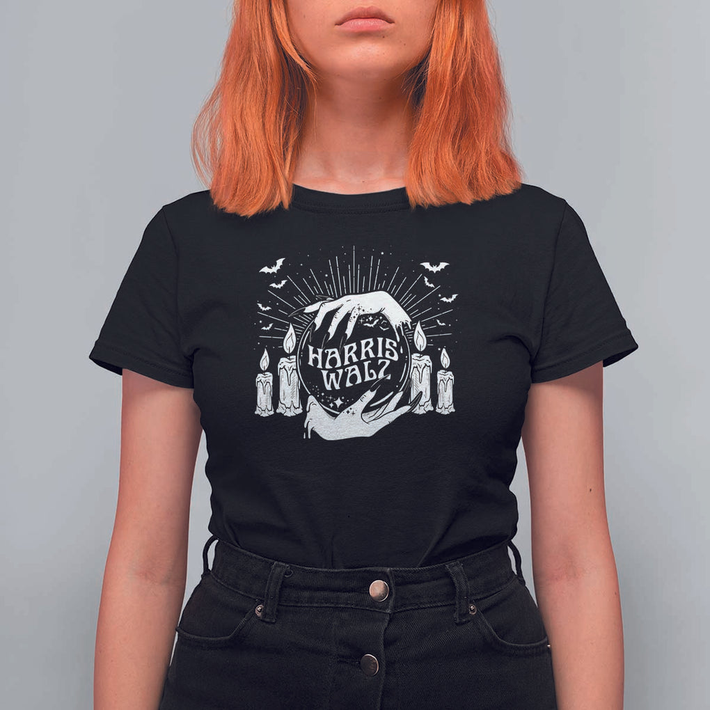 Harris Walz T Shirt For Women Witch For Kamala Crystal Ball Halloween Candle Bat TS11 Black Print Your Wear