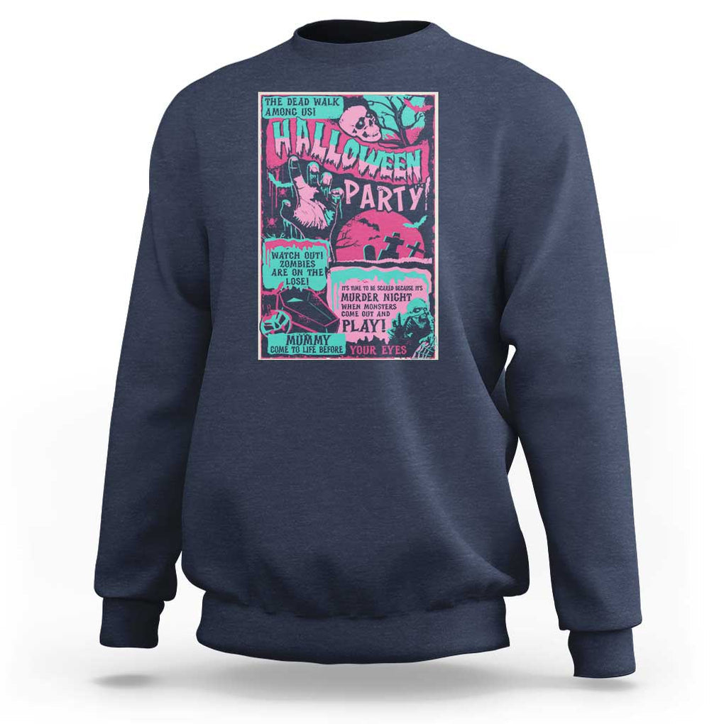 Halloween Party Poster Sweatshirt Terror Old Time Halloween Horror Movies Characters Skull Mummy Grave TS11 Navy Print Your Wear