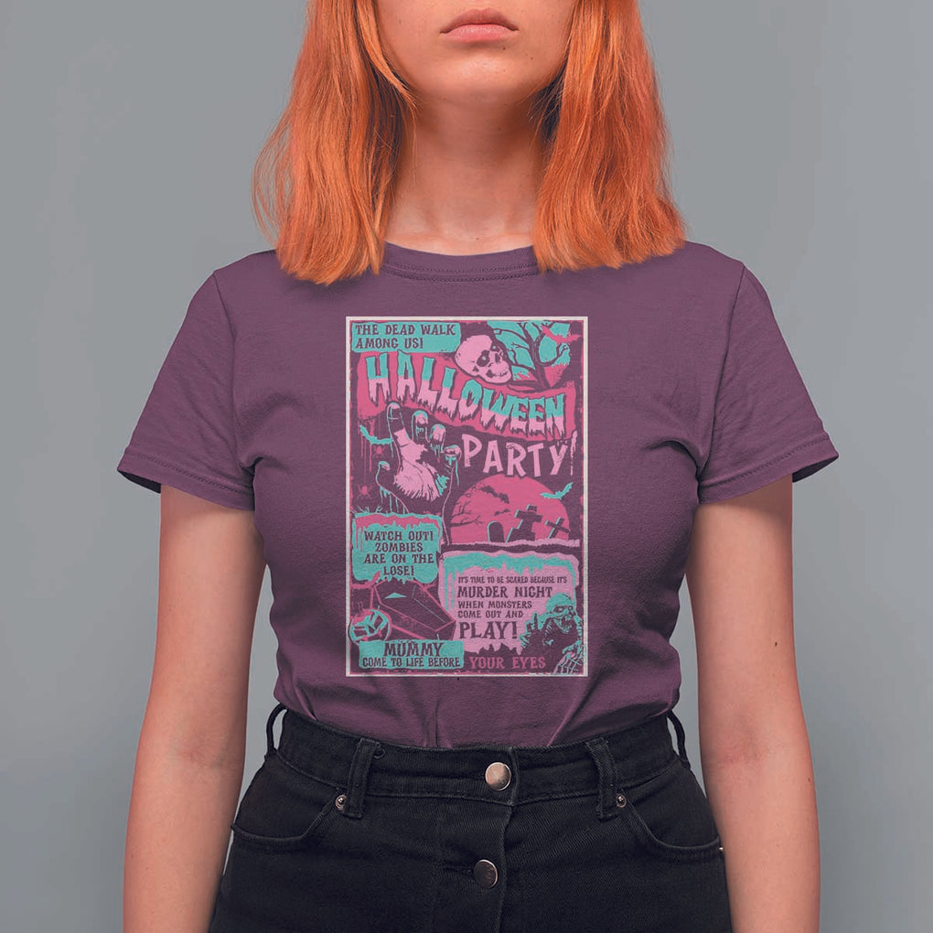 Halloween Party Poster T Shirt For Women Terror Old Time Halloween Horror Movies Characters Skull Mummy Grave TS11 Maroon Print Your Wear