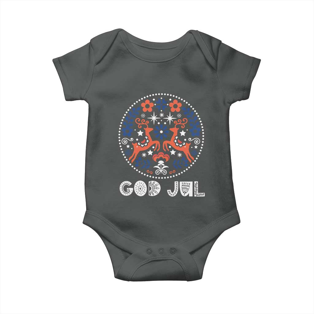Yule God Jul Baby Onesie Folk Art Scandinavian Reindeers TS11 Dark Heather Print Your Wear