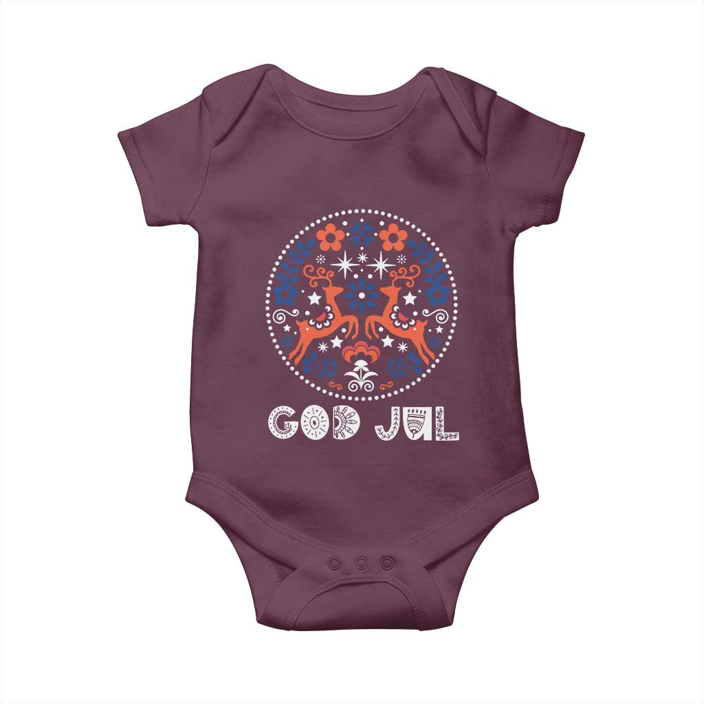Yule God Jul Baby Onesie Folk Art Scandinavian Reindeers TS11 Maroon Print Your Wear