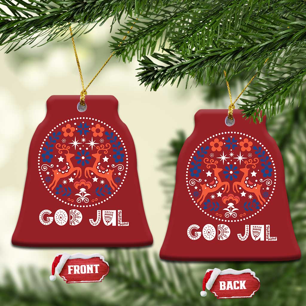 Yule God Jul Christmas Ornament Folk Art Scandinavian Reindeers TS11 Bell Flake Red Print Your Wear