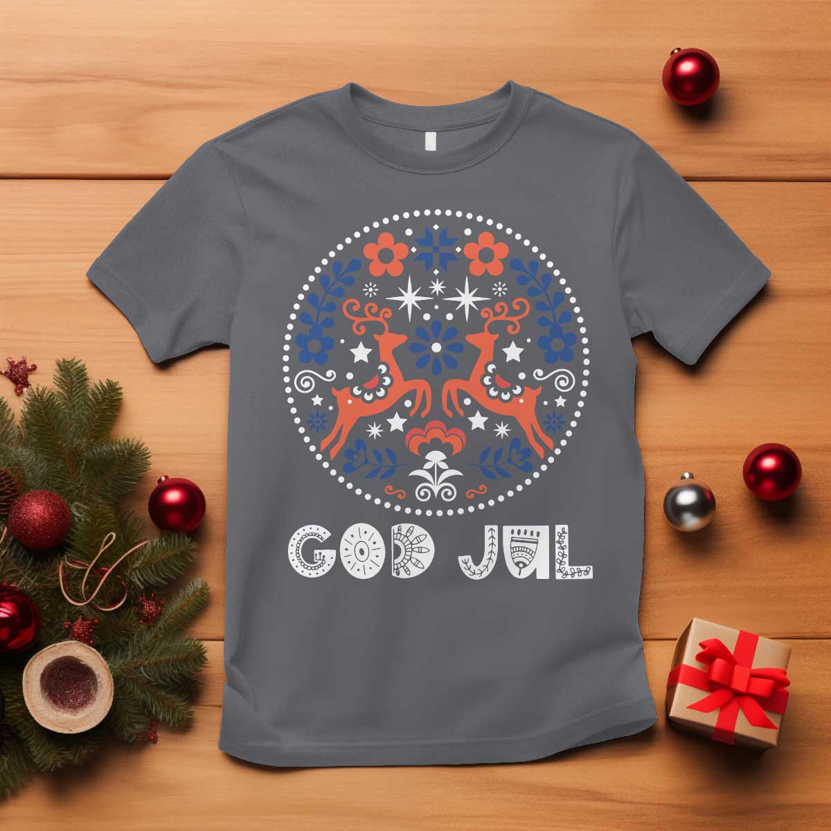 Yule God Jul T Shirt Folk Art Scandinavian Reindeers TS11 Charcoal Print Your Wear