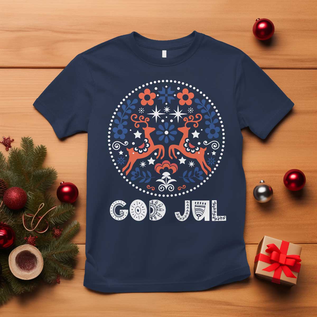 Yule God Jul T Shirt Folk Art Scandinavian Reindeers TS11 Navy Print Your Wear